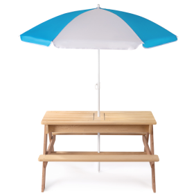 3-in-1 Kids Outdoor Wooden Picnic Table With Umbrella, Convertible Sand And Water Kettle